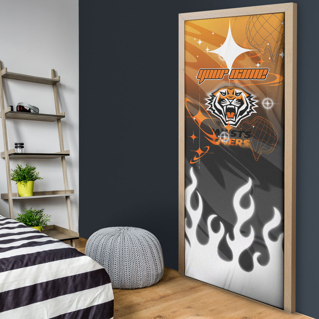 Personalized Wests Tigers Door Cover Y2K Grunge Aesthetic With Cyber Flames and Starburst Graphics