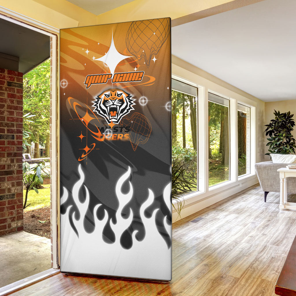 Personalized Wests Tigers Door Cover Y2K Grunge Aesthetic With Cyber Flames and Starburst Graphics