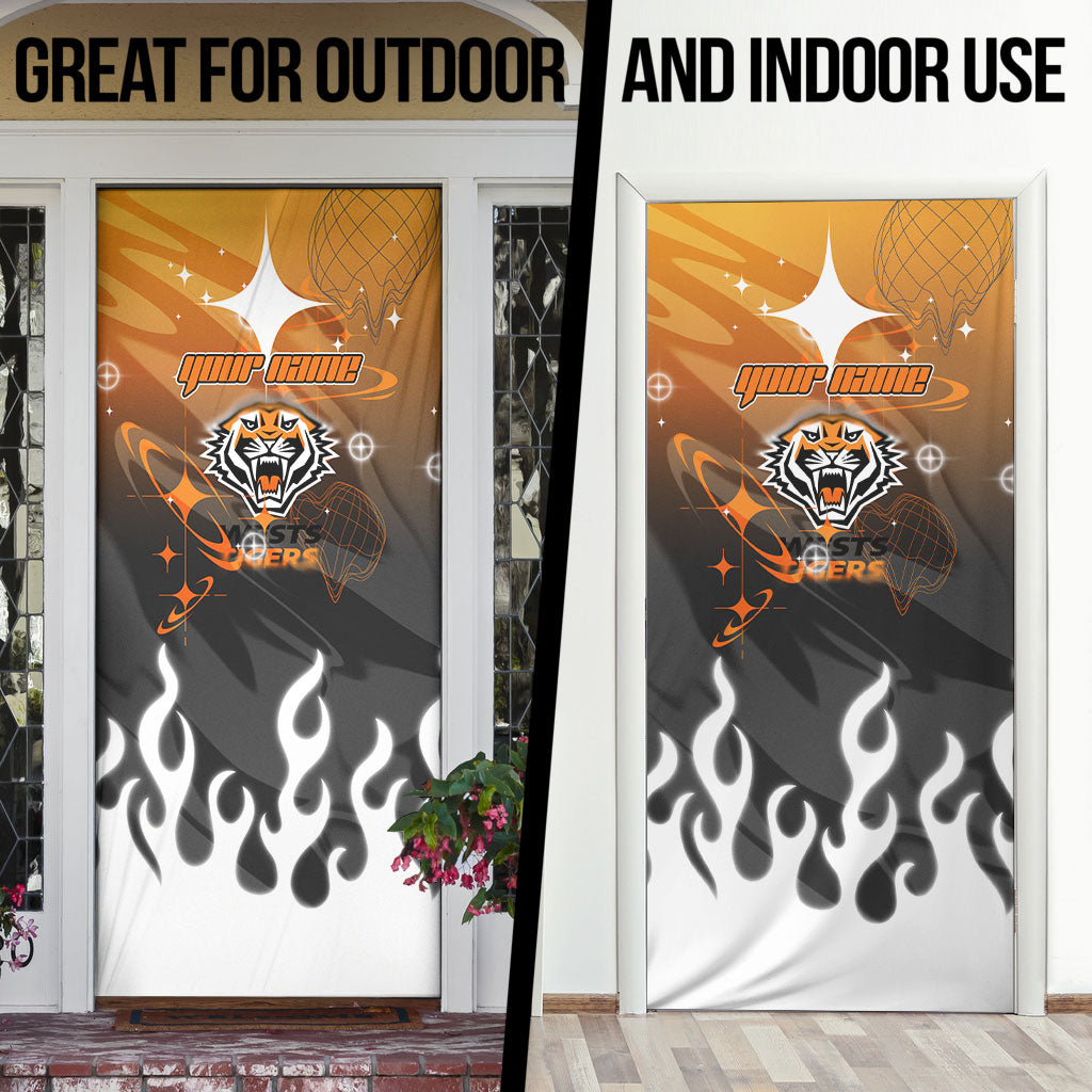 Personalized Wests Tigers Door Cover Y2K Grunge Aesthetic With Cyber Flames and Starburst Graphics