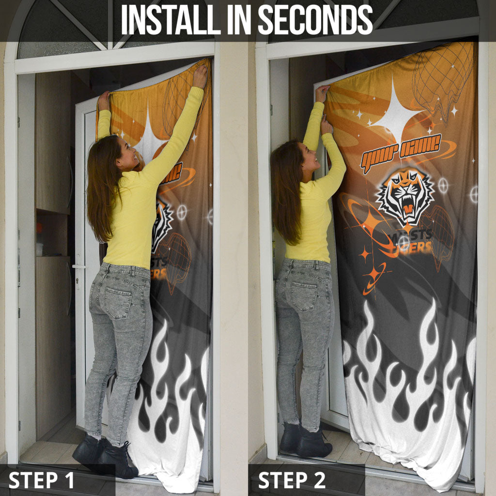 Personalized Wests Tigers Door Cover Y2K Grunge Aesthetic With Cyber Flames and Starburst Graphics