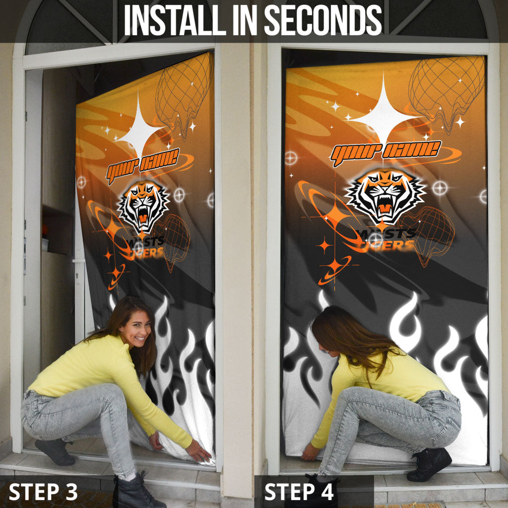 Personalized Wests Tigers Door Cover Y2K Grunge Aesthetic With Cyber Flames and Starburst Graphics