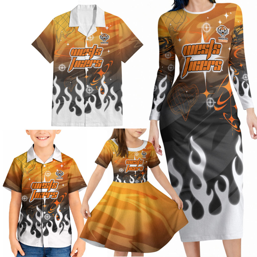 Personalized Wests Tigers Family Matching Long Sleeve Bodycon Dress and Hawaiian Shirt Y2K Grunge Aesthetic With Cyber Flames and Starburst Graphics