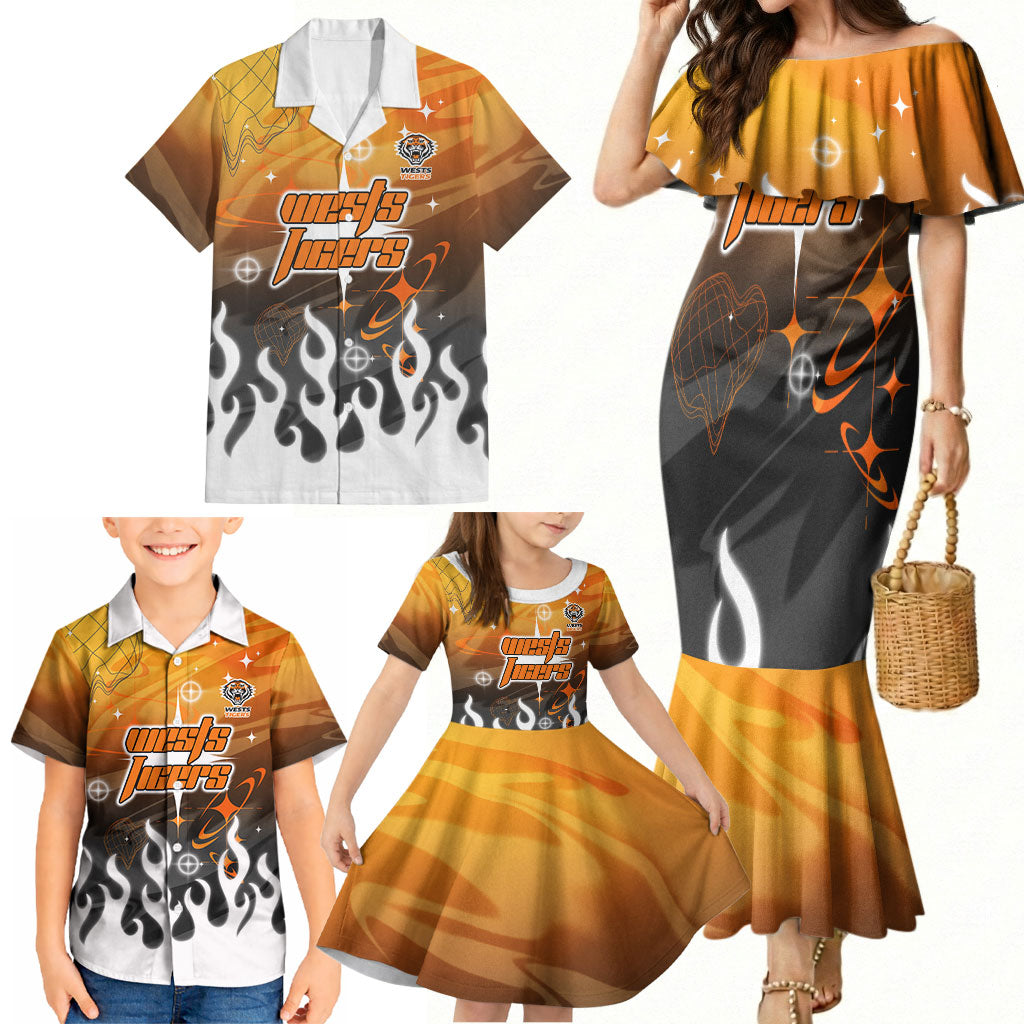 Personalized Wests Tigers Family Matching Mermaid Dress and Hawaiian Shirt Y2K Grunge Aesthetic With Cyber Flames and Starburst Graphics