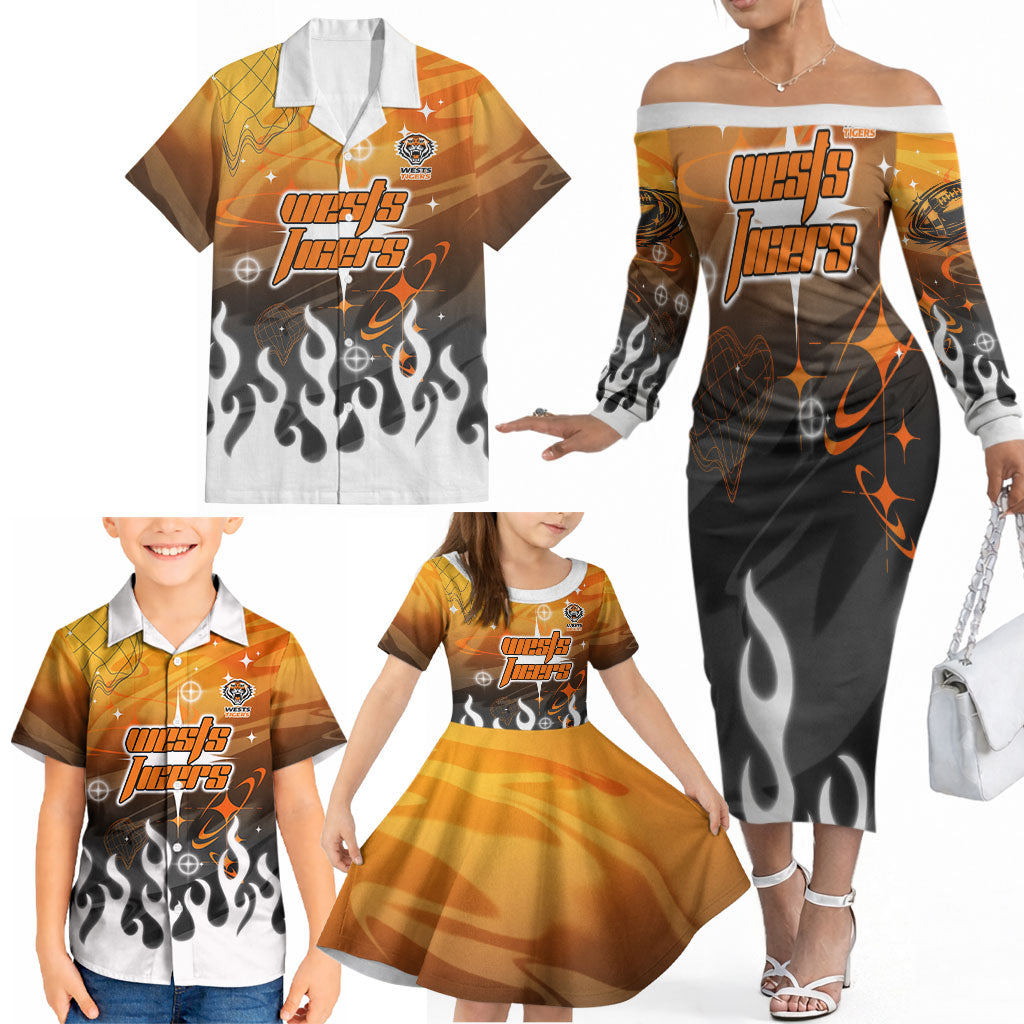 Personalized Wests Tigers Family Matching Off The Shoulder Long Sleeve Dress and Hawaiian Shirt Y2K Grunge Aesthetic With Cyber Flames and Starburst Graphics
