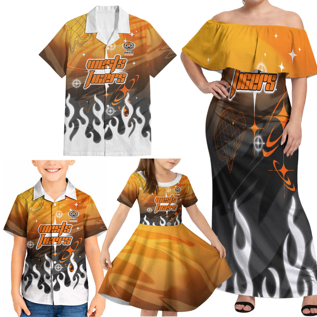Personalized Wests Tigers Family Matching Off Shoulder Maxi Dress and Hawaiian Shirt Y2K Grunge Aesthetic With Cyber Flames and Starburst Graphics