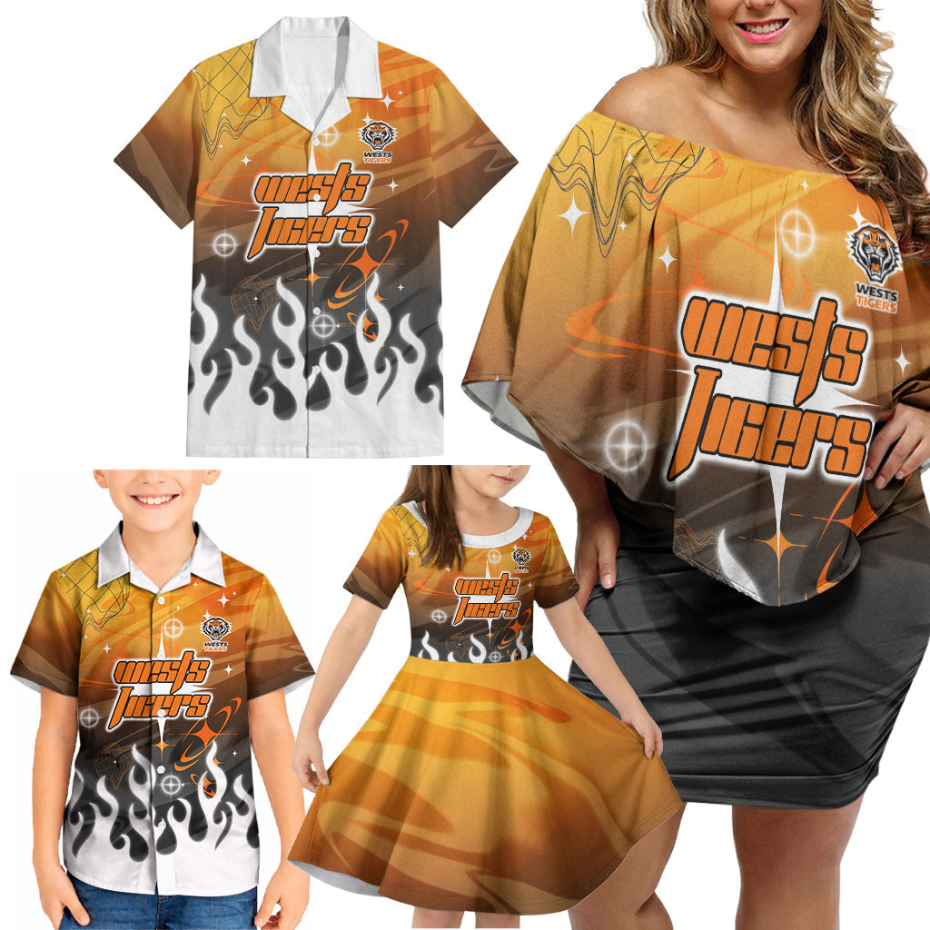 Personalized Wests Tigers Family Matching Off Shoulder Short Dress and Hawaiian Shirt Y2K Grunge Aesthetic With Cyber Flames and Starburst Graphics