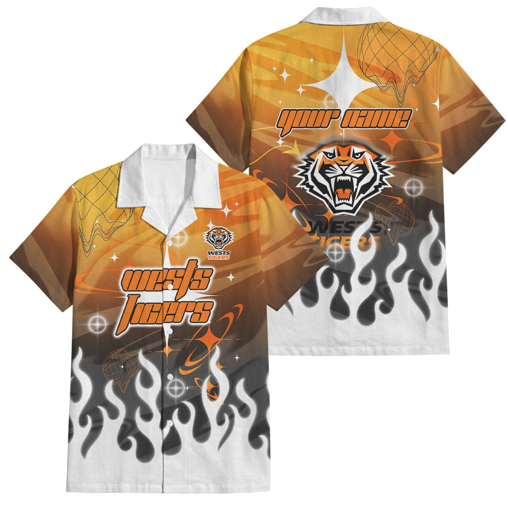 Personalized Wests Tigers Family Matching Off Shoulder Short Dress and Hawaiian Shirt Y2K Grunge Aesthetic With Cyber Flames and Starburst Graphics