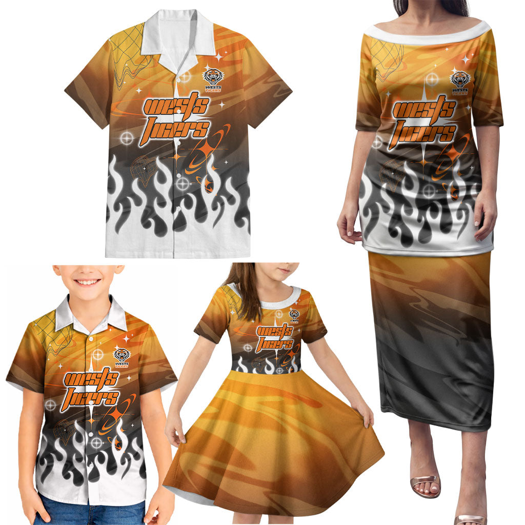 Personalized Wests Tigers Family Matching Puletasi and Hawaiian Shirt Y2K Grunge Aesthetic With Cyber Flames and Starburst Graphics
