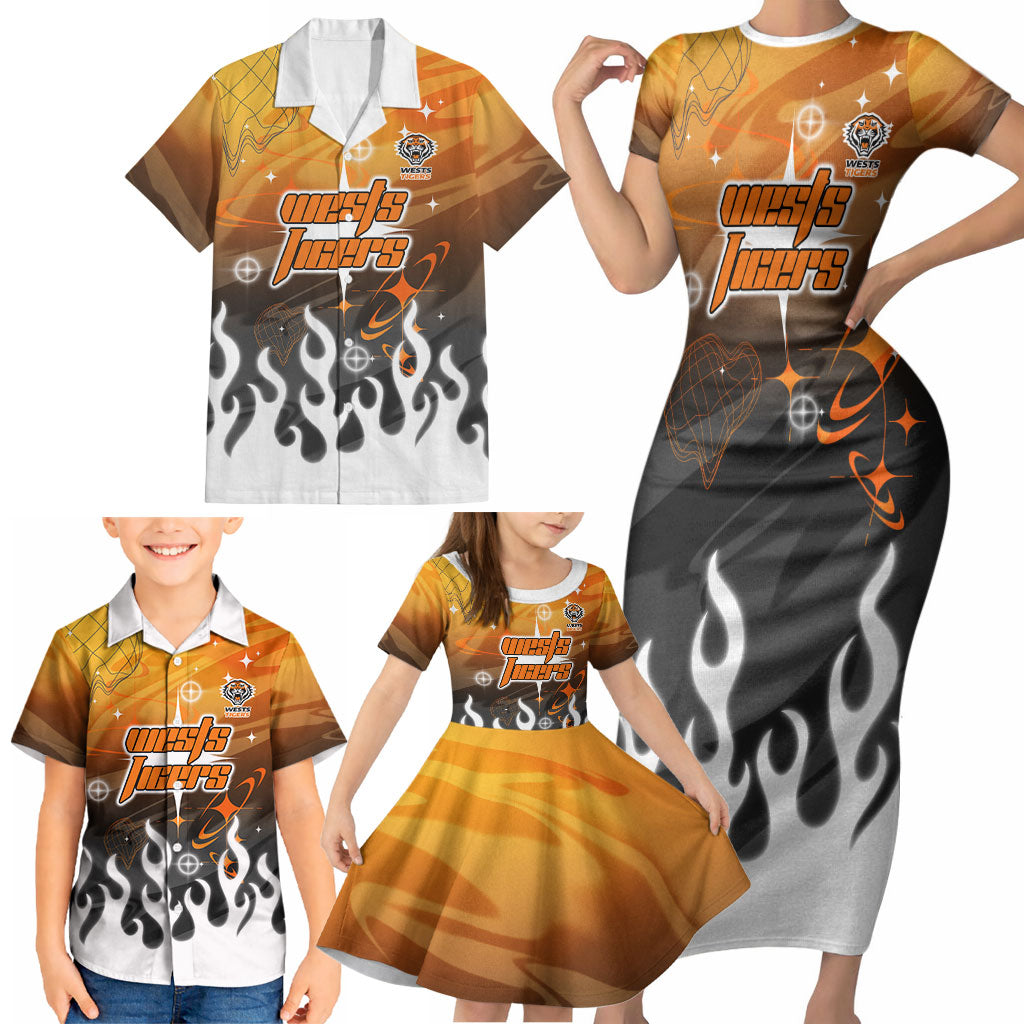 Personalized Wests Tigers Family Matching Short Sleeve Bodycon Dress and Hawaiian Shirt Y2K Grunge Aesthetic With Cyber Flames and Starburst Graphics