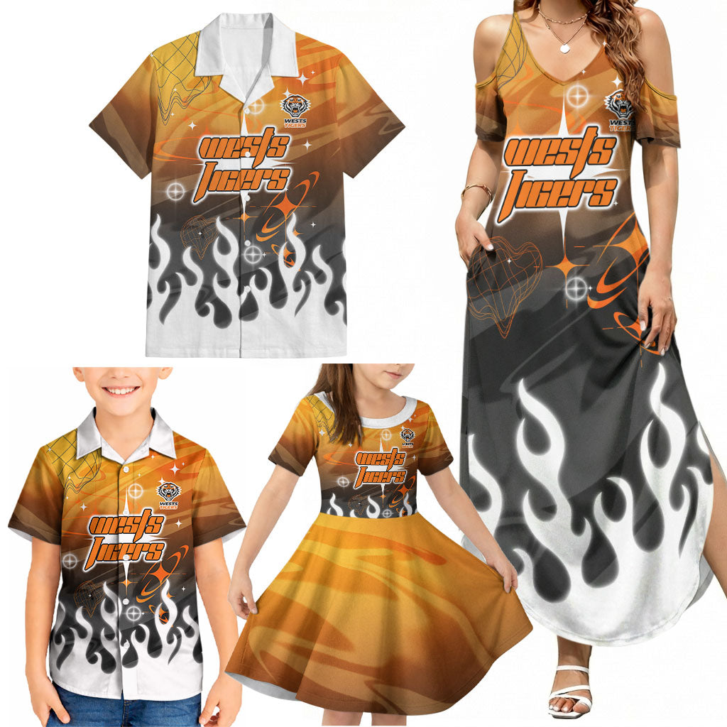 Personalized Wests Tigers Family Matching Summer Maxi Dress and Hawaiian Shirt Y2K Grunge Aesthetic With Cyber Flames and Starburst Graphics