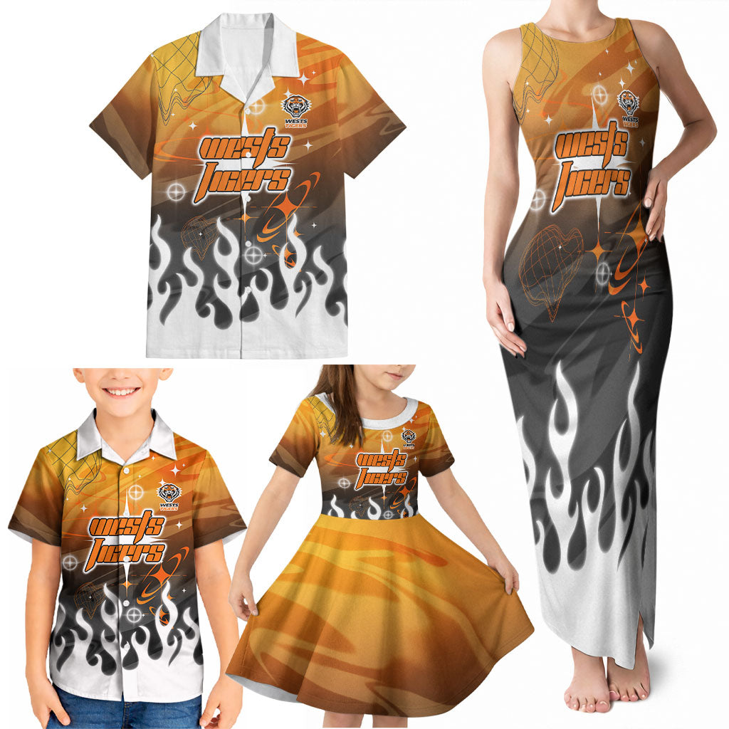 Personalized Wests Tigers Family Matching Tank Maxi Dress and Hawaiian Shirt Y2K Grunge Aesthetic With Cyber Flames and Starburst Graphics