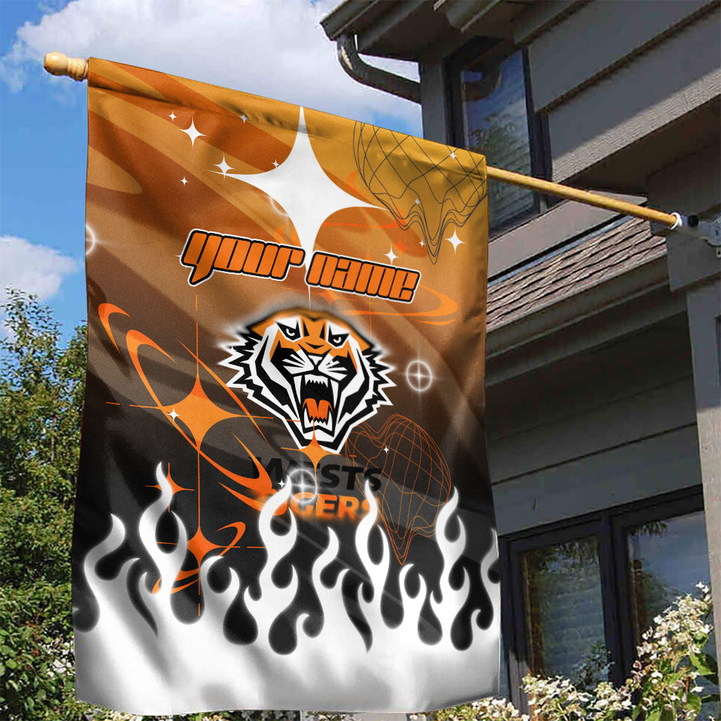Personalized Wests Tigers Garden Flag Y2K Grunge Aesthetic With Cyber Flames and Starburst Graphics