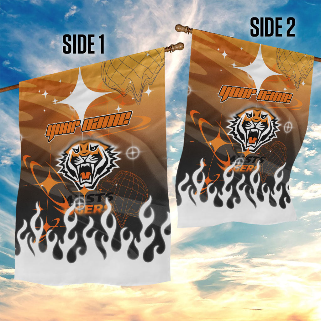 Personalized Wests Tigers Garden Flag Y2K Grunge Aesthetic With Cyber Flames and Starburst Graphics