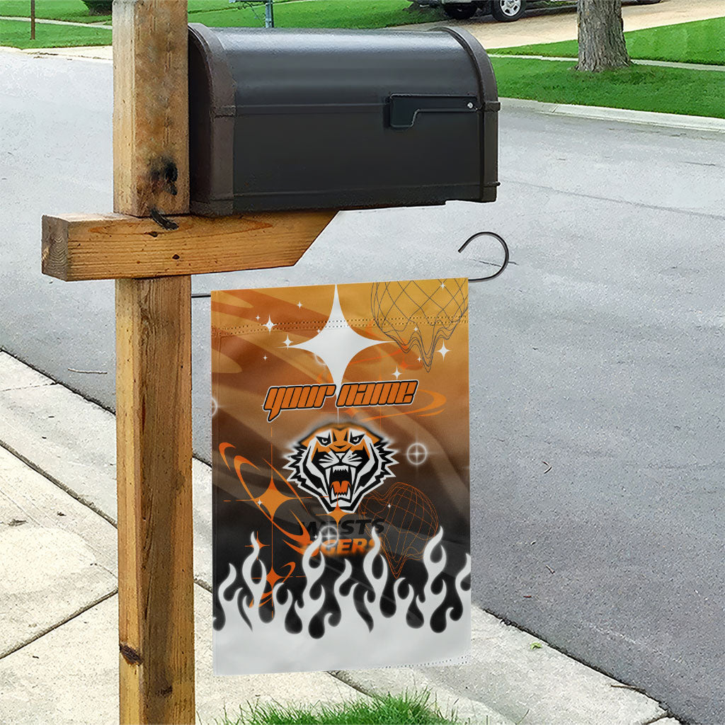Personalized Wests Tigers Garden Flag Y2K Grunge Aesthetic With Cyber Flames and Starburst Graphics