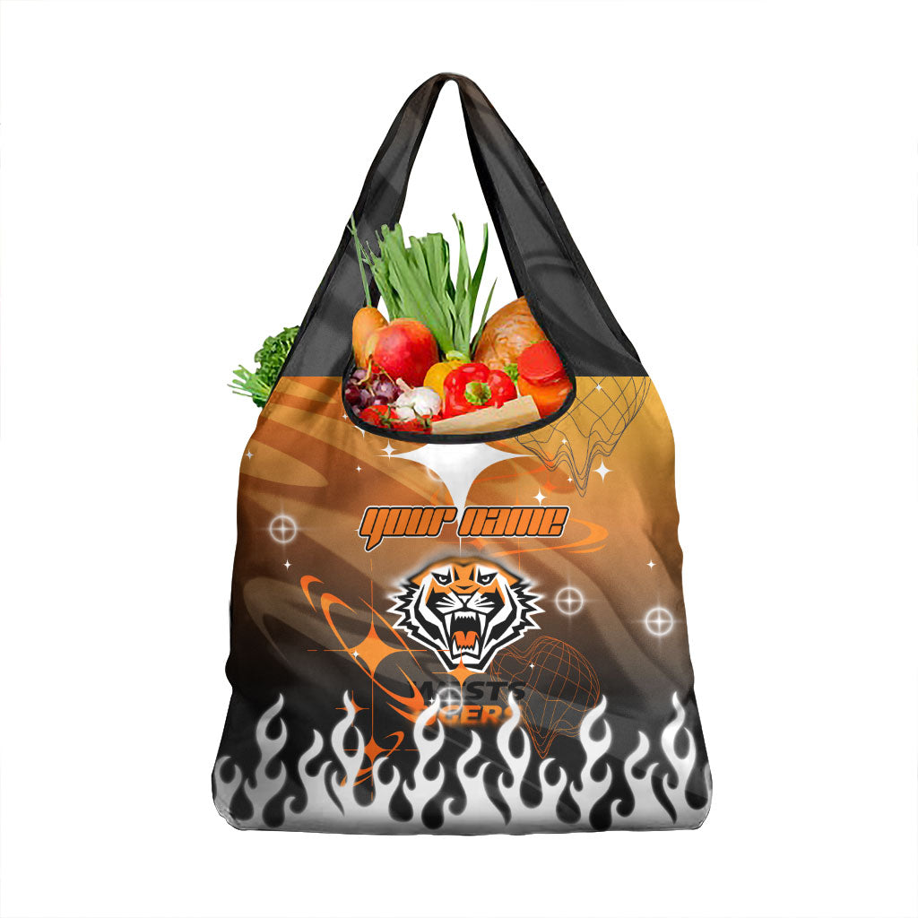Personalized Wests Tigers Grocery Bag Y2K Grunge Aesthetic With Cyber Flames and Starburst Graphics