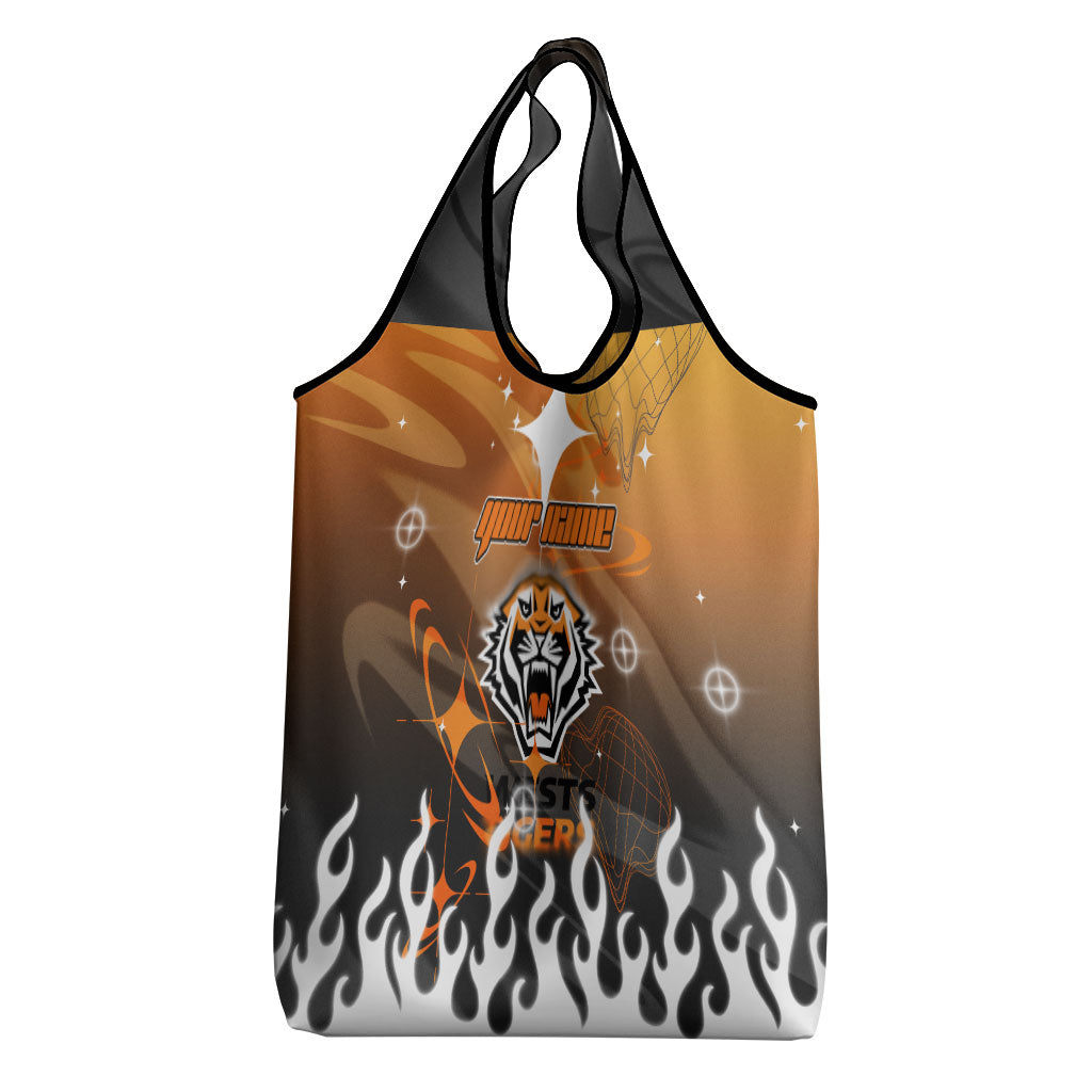 Personalized Wests Tigers Grocery Bag Y2K Grunge Aesthetic With Cyber Flames and Starburst Graphics