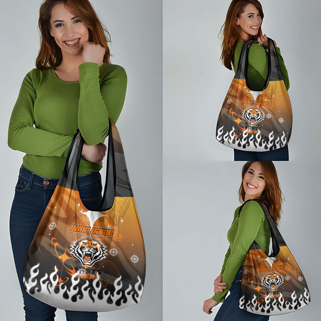 Personalized Wests Tigers Grocery Bag Y2K Grunge Aesthetic With Cyber Flames and Starburst Graphics