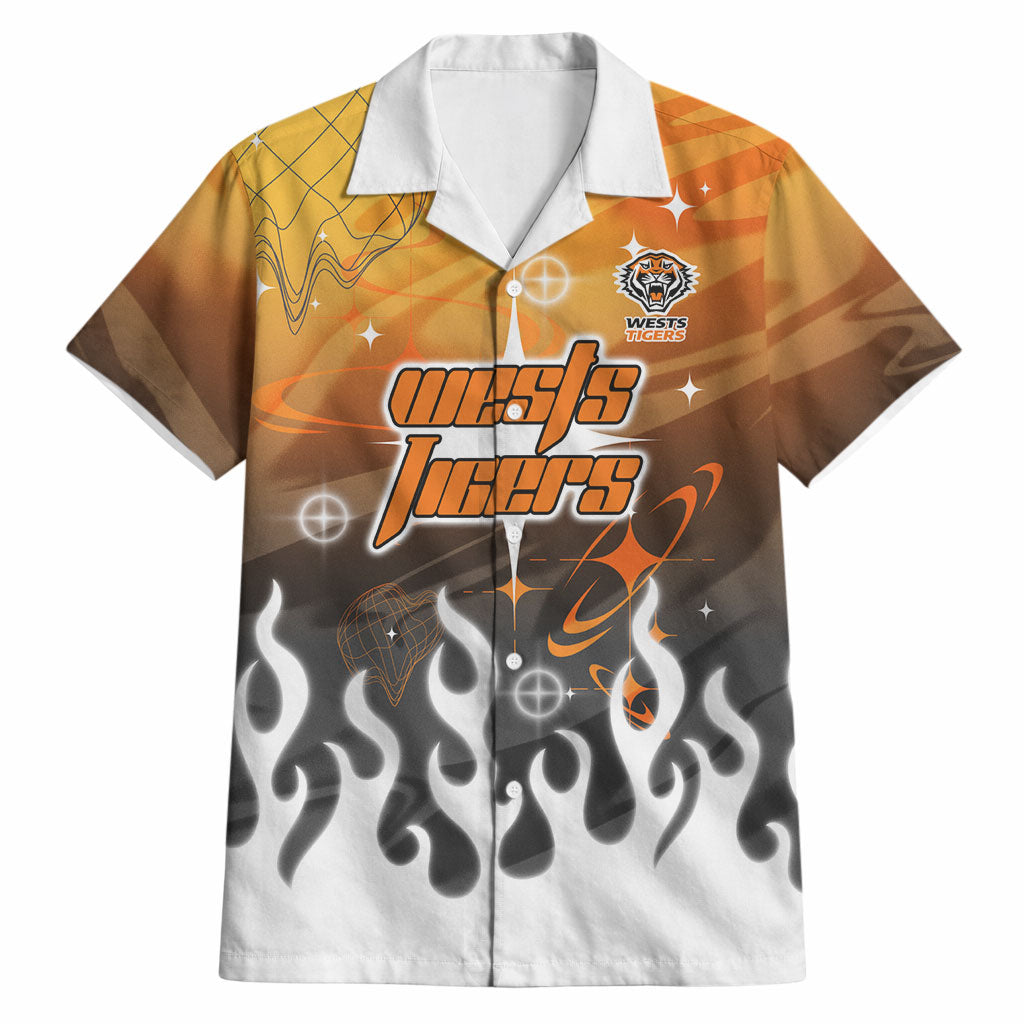 Personalized Wests Tigers Hawaiian Shirt Y2K Grunge Aesthetic With Cyber Flames and Starburst Graphics