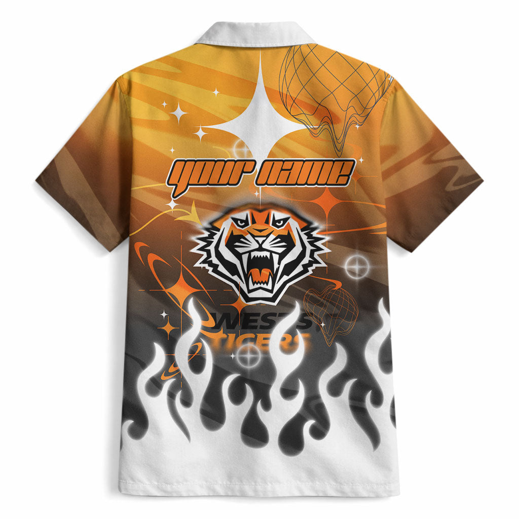 Personalized Wests Tigers Hawaiian Shirt Y2K Grunge Aesthetic With Cyber Flames and Starburst Graphics