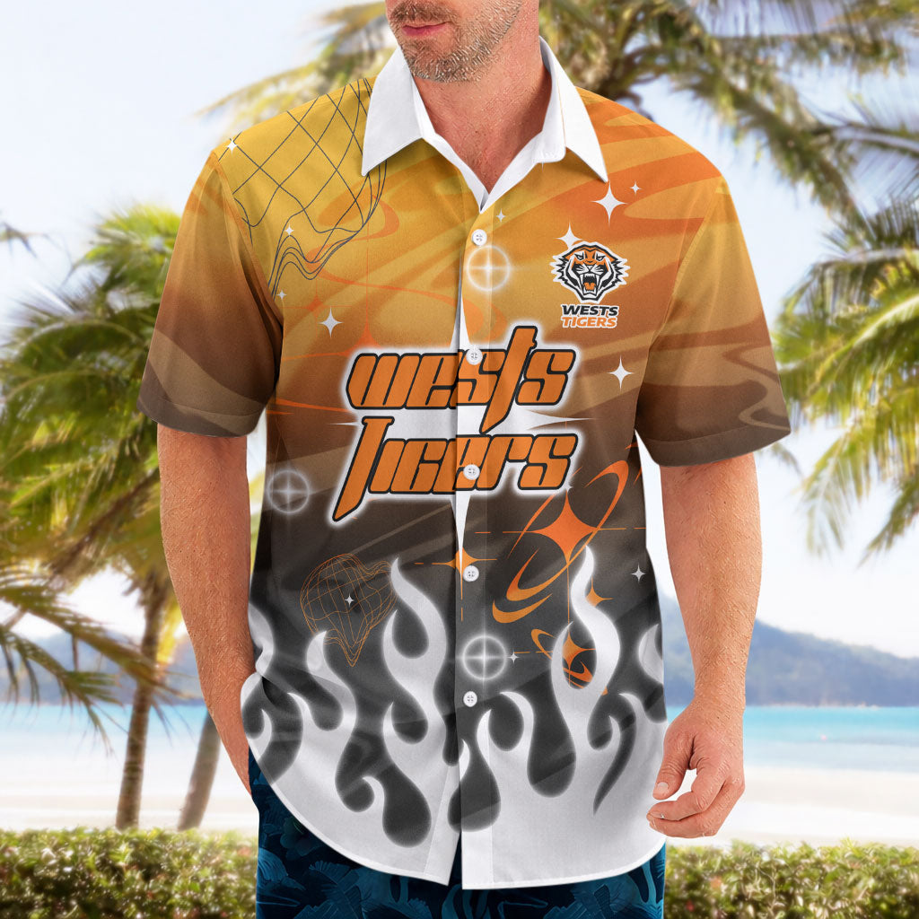 Personalized Wests Tigers Hawaiian Shirt Y2K Grunge Aesthetic With Cyber Flames and Starburst Graphics