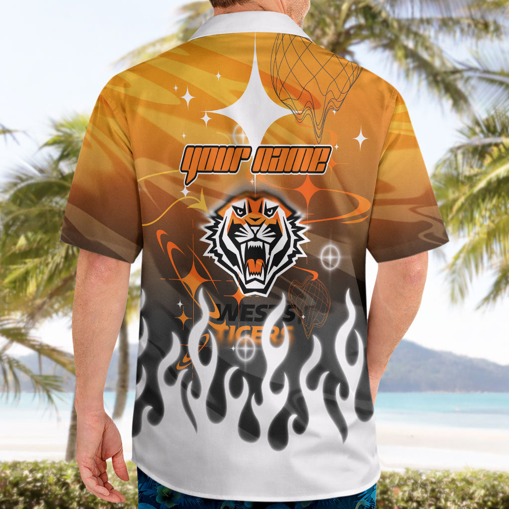 Personalized Wests Tigers Hawaiian Shirt Y2K Grunge Aesthetic With Cyber Flames and Starburst Graphics