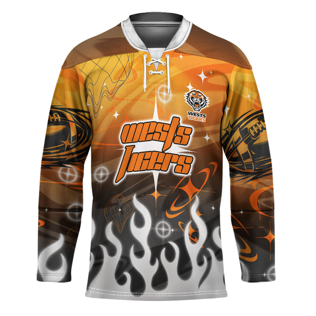 Personalized Wests Tigers Hockey Jersey Y2K Grunge Aesthetic With Cyber Flames and Starburst Graphics