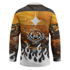 Personalized Wests Tigers Hockey Jersey Y2K Grunge Aesthetic With Cyber Flames and Starburst Graphics