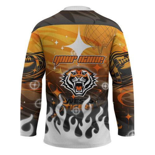 Personalized Wests Tigers Hockey Jersey Y2K Grunge Aesthetic With Cyber Flames and Starburst Graphics