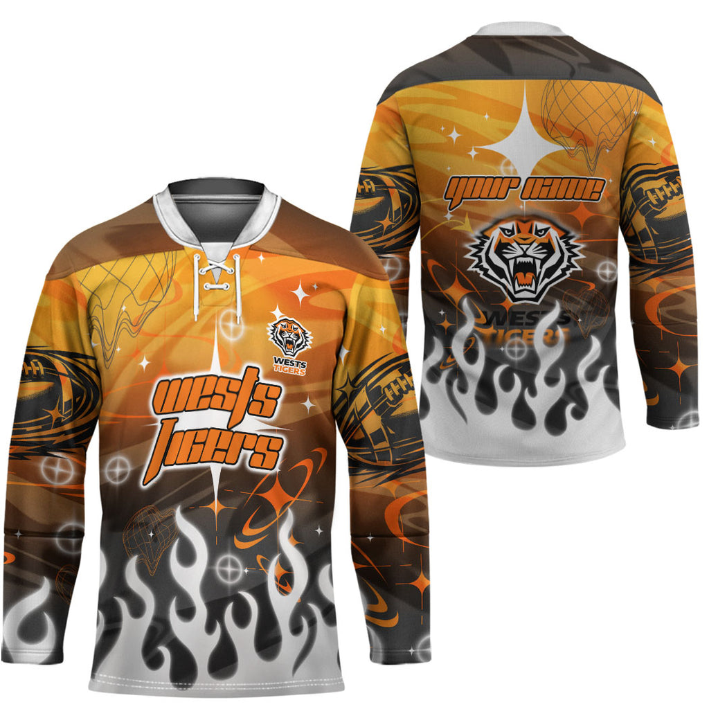 Personalized Wests Tigers Hockey Jersey Y2K Grunge Aesthetic With Cyber Flames and Starburst Graphics