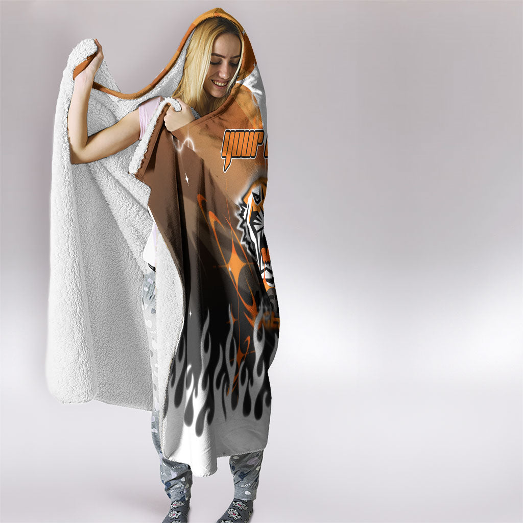 Personalized Wests Tigers Hooded Blanket Y2K Grunge Aesthetic With Cyber Flames and Starburst Graphics