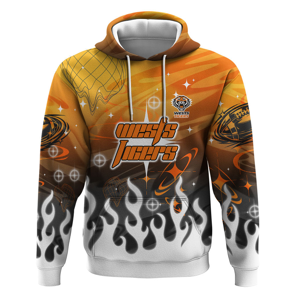 Personalized Wests Tigers Hoodie Y2K Grunge Aesthetic With Cyber Flames and Starburst Graphics