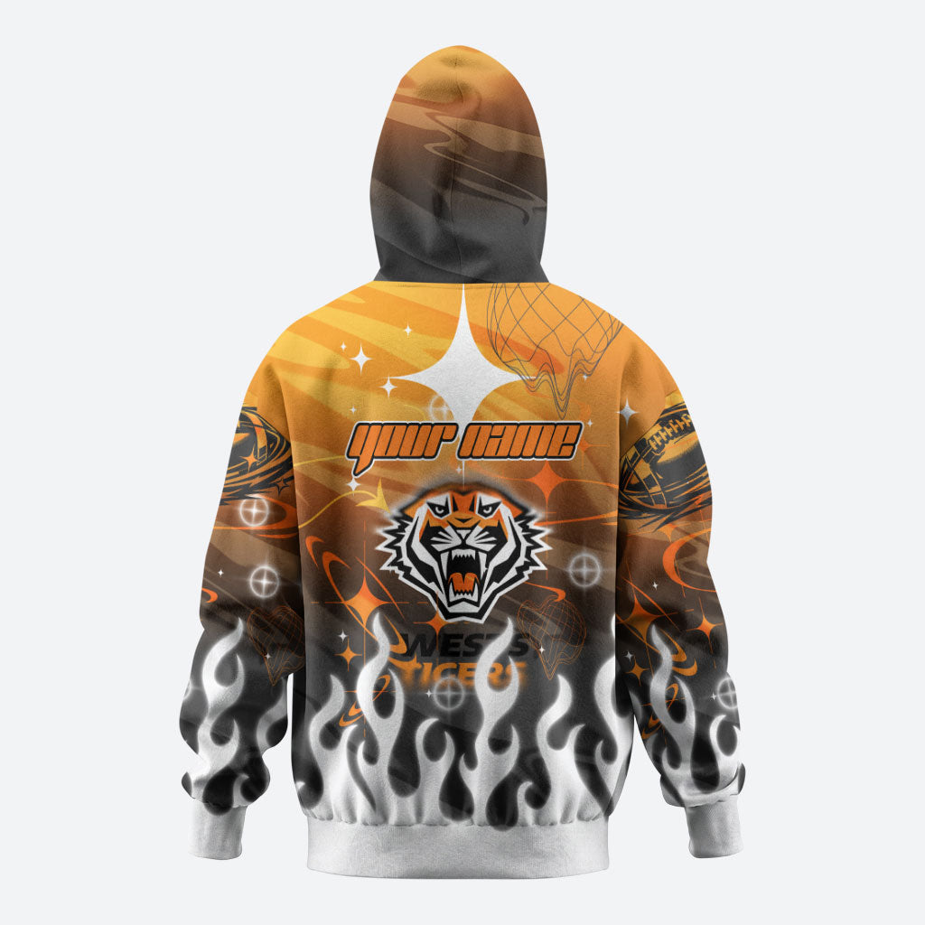 Personalized Wests Tigers Hoodie Y2K Grunge Aesthetic With Cyber Flames and Starburst Graphics