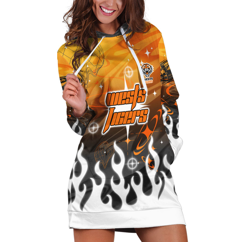 Personalized Wests Tigers Hoodie Dress Y2K Grunge Aesthetic With Cyber Flames and Starburst Graphics