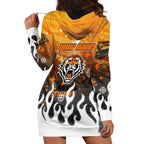 Personalized Wests Tigers Hoodie Dress Y2K Grunge Aesthetic With Cyber Flames and Starburst Graphics
