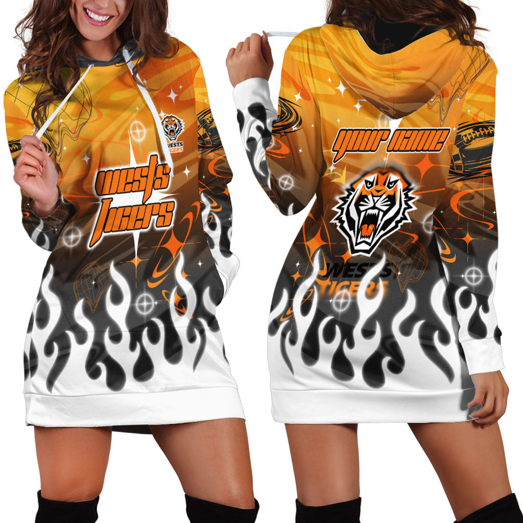 Personalized Wests Tigers Hoodie Dress Y2K Grunge Aesthetic With Cyber Flames and Starburst Graphics
