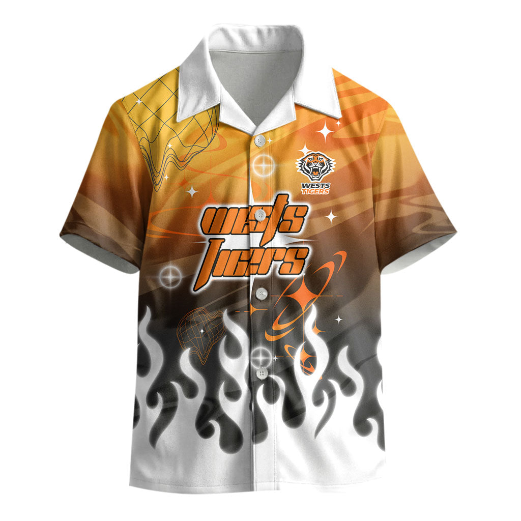Personalized Wests Tigers Kid Hawaiian Shirt Y2K Grunge Aesthetic With Cyber Flames and Starburst Graphics