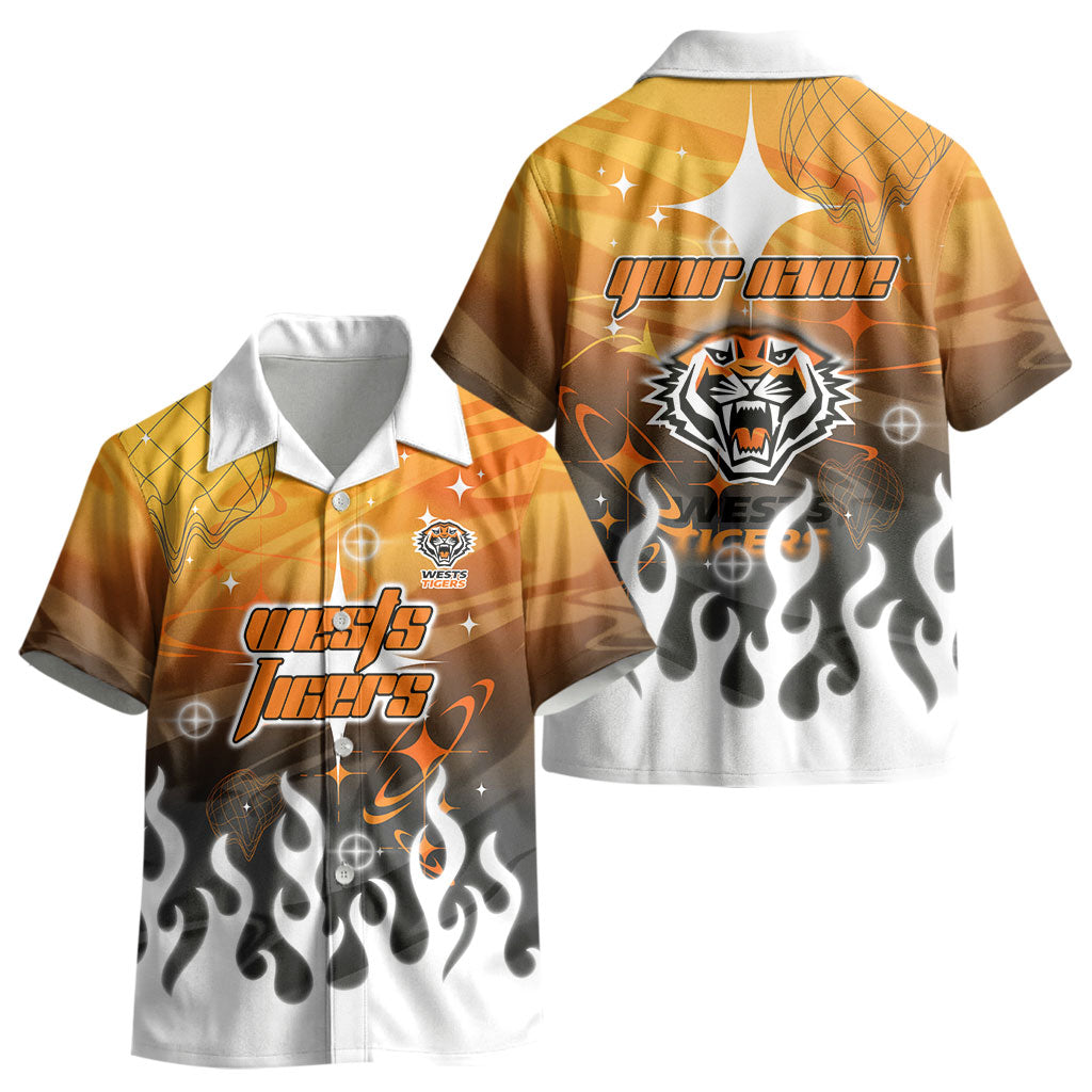 Personalized Wests Tigers Kid Hawaiian Shirt Y2K Grunge Aesthetic With Cyber Flames and Starburst Graphics