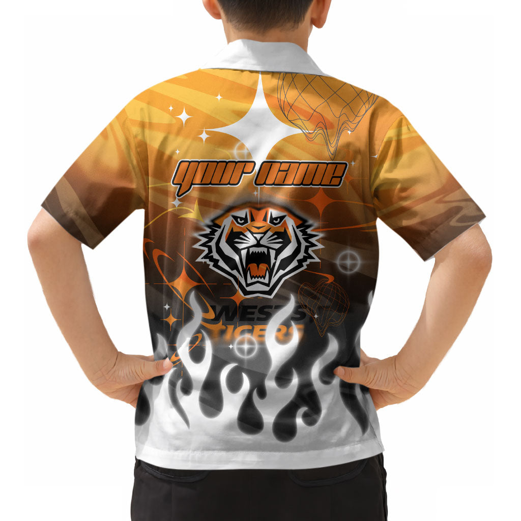 Personalized Wests Tigers Kid Hawaiian Shirt Y2K Grunge Aesthetic With Cyber Flames and Starburst Graphics