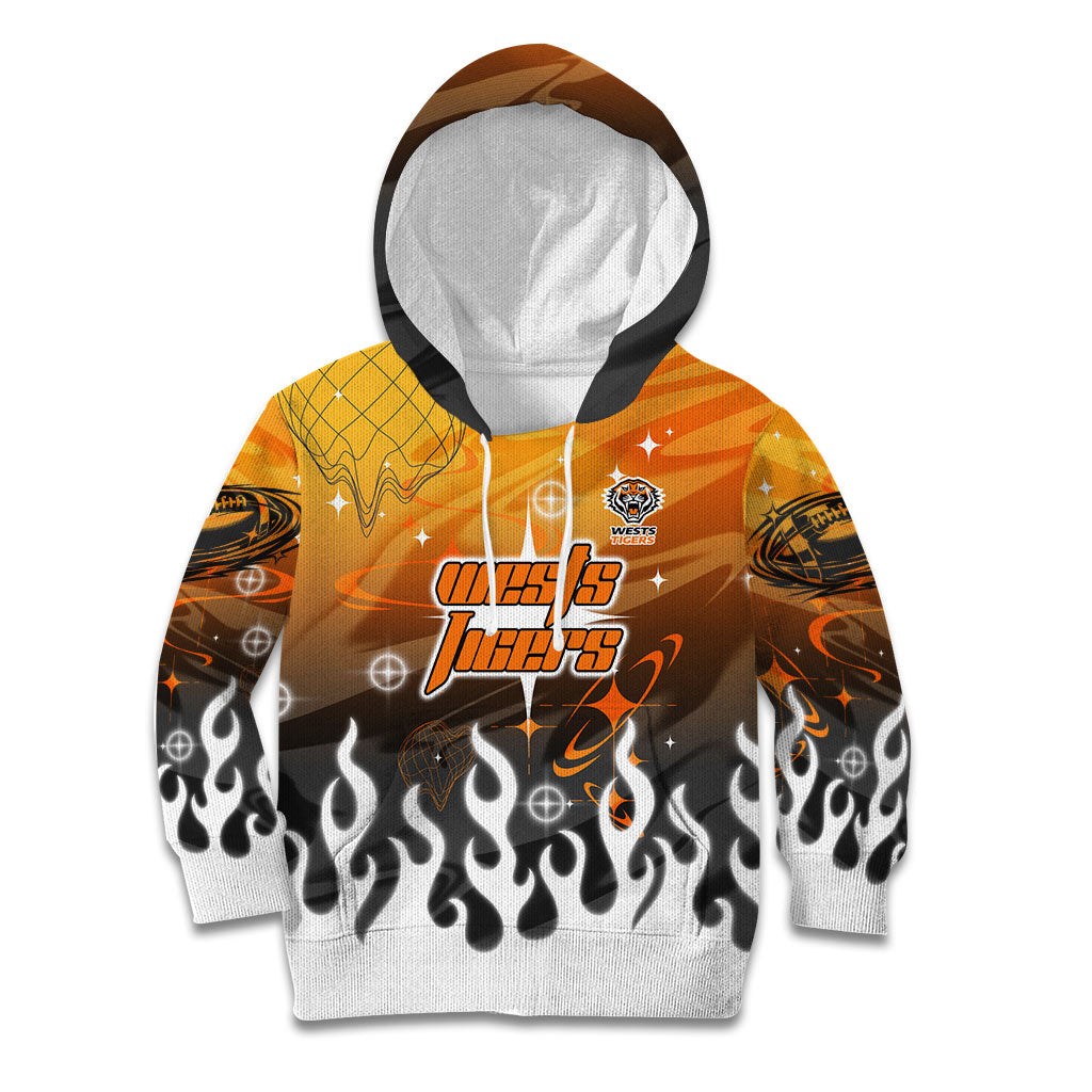Personalized Wests Tigers Kid Hoodie Y2K Grunge Aesthetic With Cyber Flames and Starburst Graphics