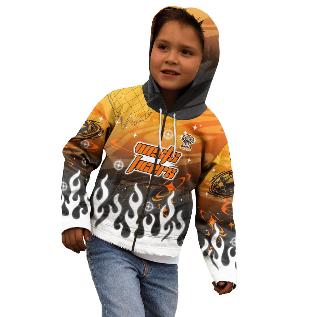 Personalized Wests Tigers Kid Hoodie Y2K Grunge Aesthetic With Cyber Flames and Starburst Graphics