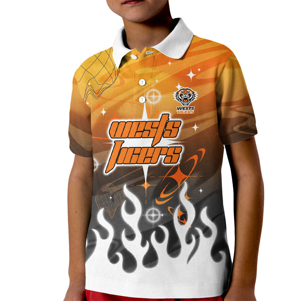 Personalized Wests Tigers Kid Polo Shirt Y2K Grunge Aesthetic With Cyber Flames and Starburst Graphics
