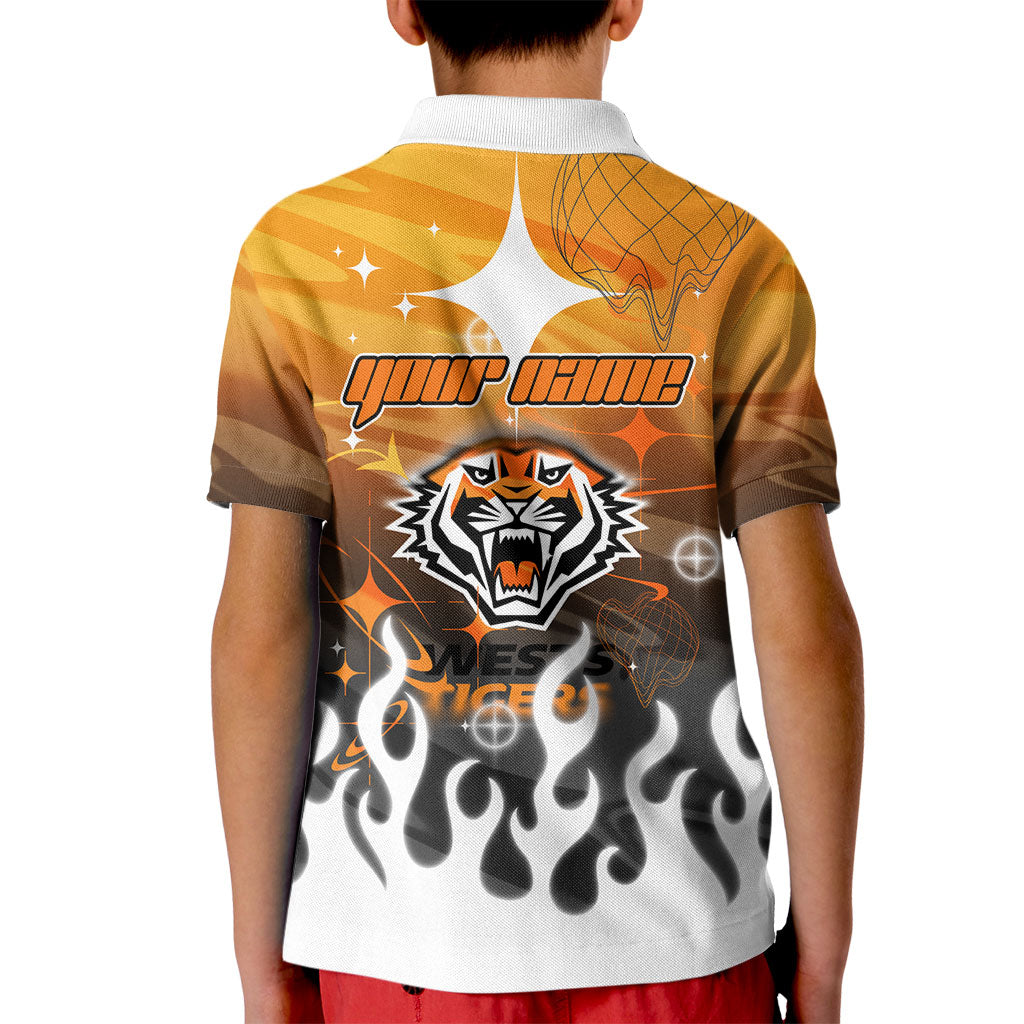 Personalized Wests Tigers Kid Polo Shirt Y2K Grunge Aesthetic With Cyber Flames and Starburst Graphics