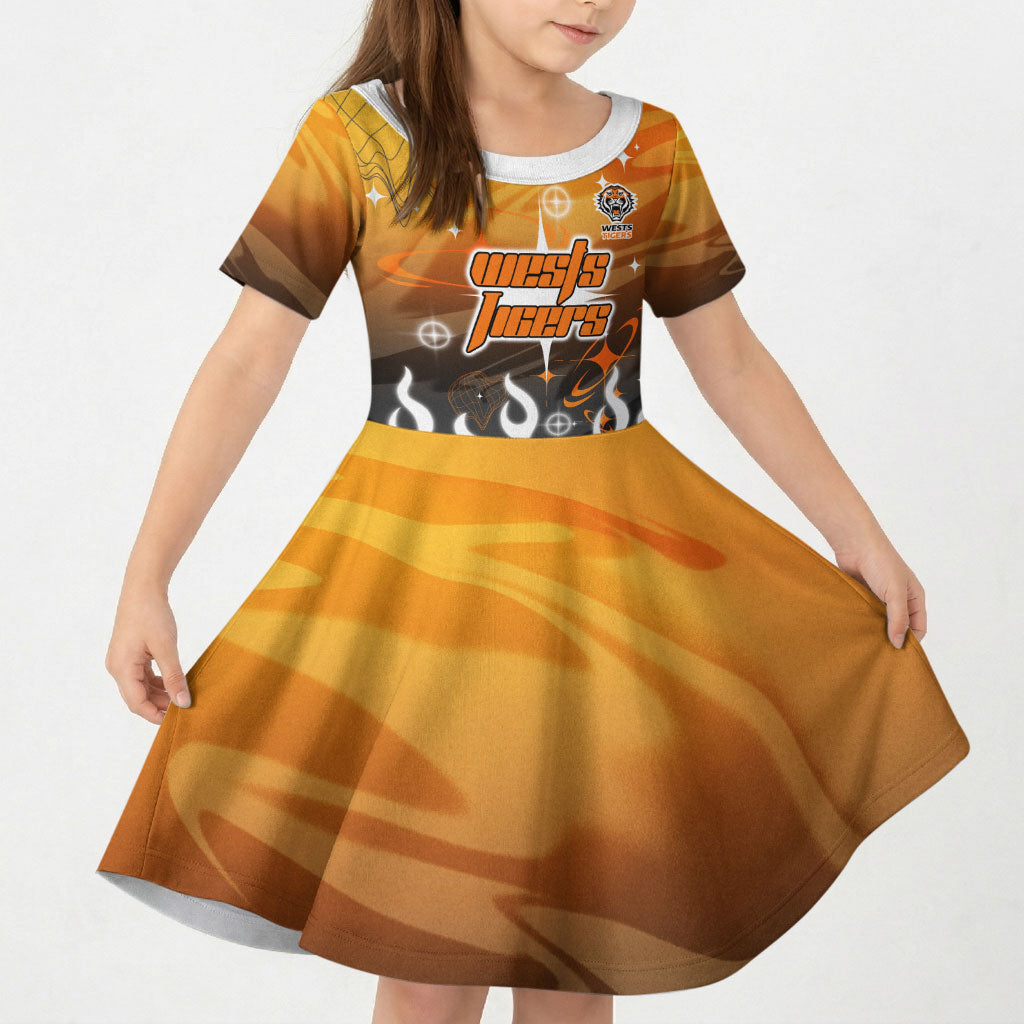 Personalized Wests Tigers Kid Short Sleeve Dress Y2K Grunge Aesthetic With Cyber Flames and Starburst Graphics