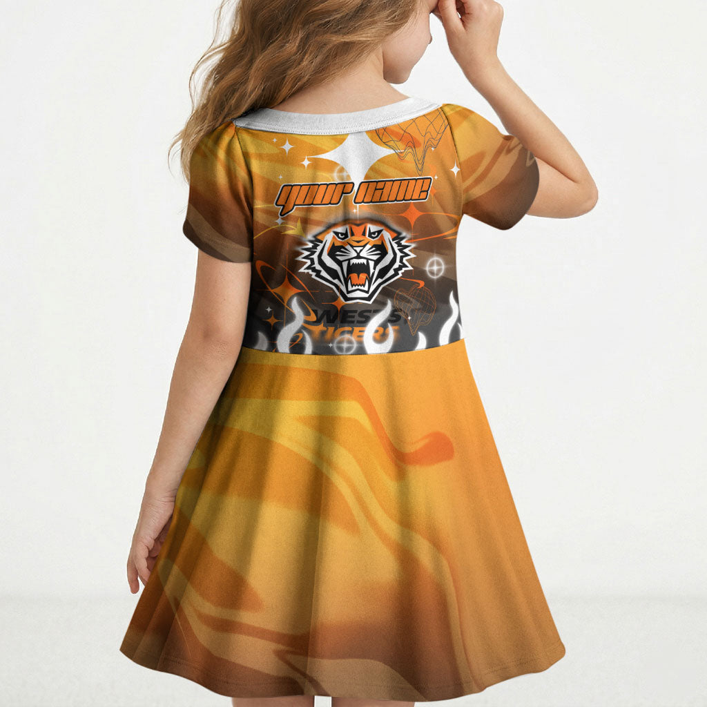 Personalized Wests Tigers Kid Short Sleeve Dress Y2K Grunge Aesthetic With Cyber Flames and Starburst Graphics