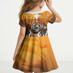 Personalized Wests Tigers Kid Short Sleeve Dress Y2K Grunge Aesthetic With Cyber Flames and Starburst Graphics