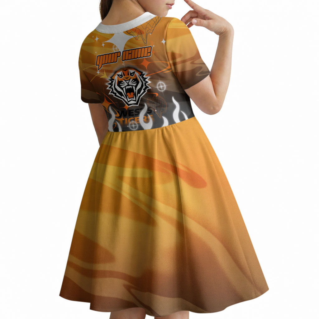Personalized Wests Tigers Kid Short Sleeve Dress Y2K Grunge Aesthetic With Cyber Flames and Starburst Graphics