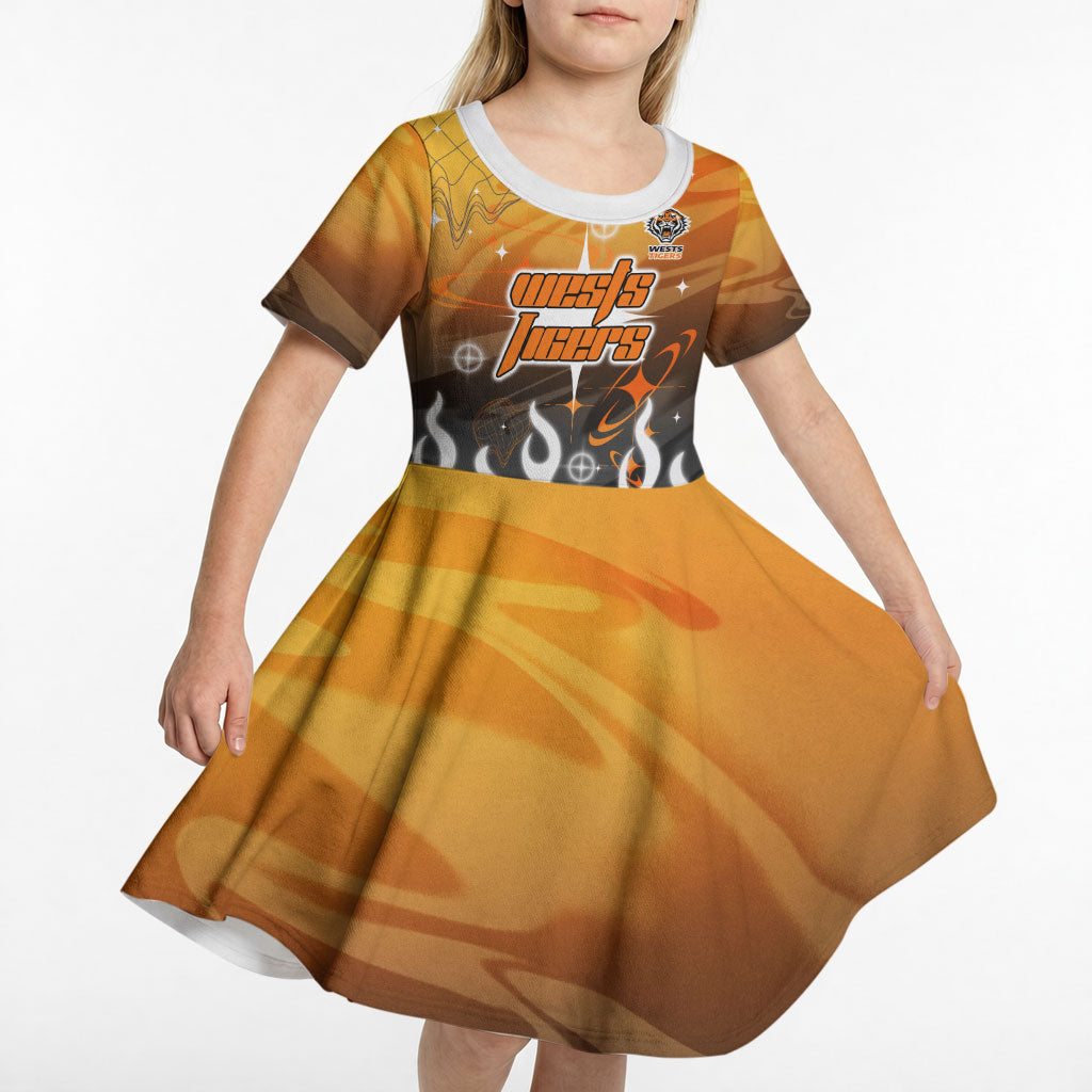 Personalized Wests Tigers Kid Short Sleeve Dress Y2K Grunge Aesthetic With Cyber Flames and Starburst Graphics