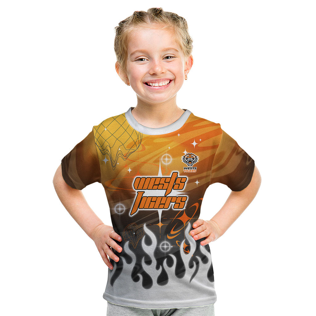 Personalized Wests Tigers Kid T Shirt Y2K Grunge Aesthetic With Cyber Flames and Starburst Graphics