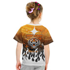 Personalized Wests Tigers Kid T Shirt Y2K Grunge Aesthetic With Cyber Flames and Starburst Graphics