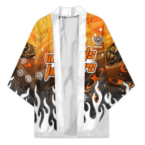Personalized Wests Tigers Kimono Y2K Grunge Aesthetic With Cyber Flames and Starburst Graphics
